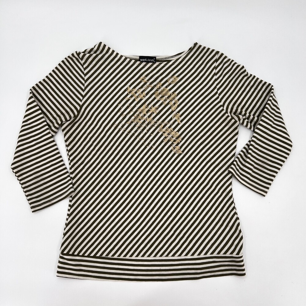 Wet Seal Shirt Womens Medium Black White Stripe Blouse 3/4 sleeve Pull on